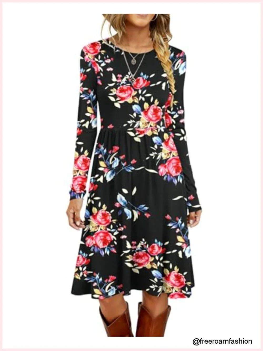 Long Sleeve Midi Dress Loose with Pockets Casual Soft Stretchy Knit Round Neck